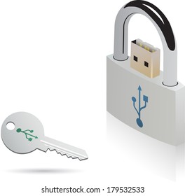 USB padlock with key, fully editable vector