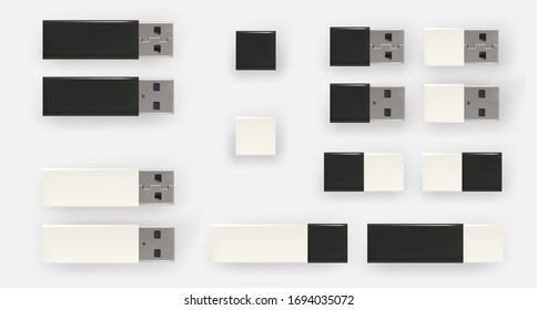 USB pen drives, black and white flash disks. USB flash drives. Isolated. Vector.