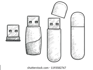 Usb pendrive illustration, drawing, engraving, ink, line art, vector