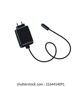 Cargador de teléfono USB con cable y adaptador. Fuente de alimentación móvil portátil con cable, conector y enchufe. Artículo de carga para smartphone. Ilustración vectorial plana aislada en fondo blanco.