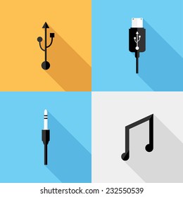 Usb and Phone connector icons. Flat design style modern vector illustration. Isolated on stylish color background. Flat long shadow icon. Elements in flat design.