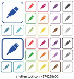 USB plug color flat icons in rounded square frames. Thin and thick versions included.