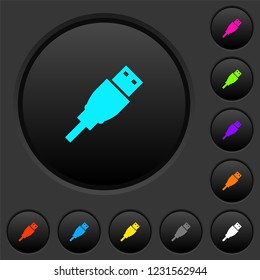 USB plug dark push buttons with vivid color icons on dark grey background
