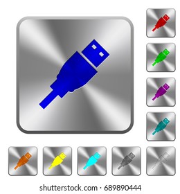 USB plug engraved icons on rounded square glossy steel buttons