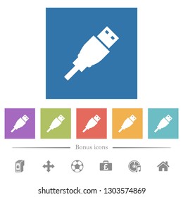 USB plug flat white icons in square backgrounds. 6 bonus icons included.