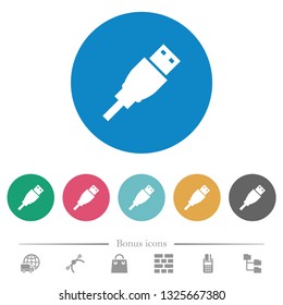 USB plug flat white icons on round color backgrounds. 6 bonus icons included.