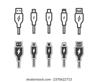 USB plug icon set with charging symbol, Usb type cable Icon set, Usb charger smartphone symbol in trendy flat style on Transparant background.