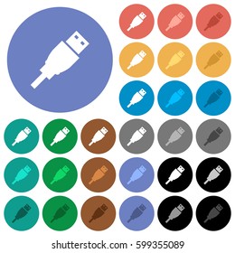 USB plug multi colored flat icons on round backgrounds. Included white, light and dark icon variations for hover and active status effects, and bonus shades on black backgounds.