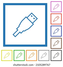 Iconos de color plano de contorno USB en marcos cuadrados en fondo blanco