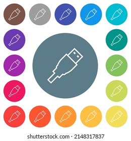 USB plug outline flat white icons on round color backgrounds. 17 background color variations are included.
