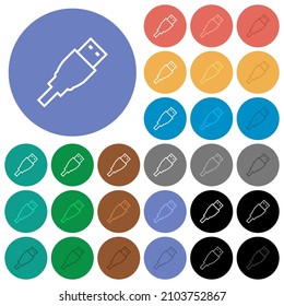 USB plug outline multi colored flat icons on round backgrounds. Included white, light and dark icon variations for hover and active status effects, and bonus shades.