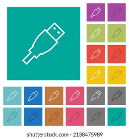 USB plug outline multi colored flat icons on plain square backgrounds. Included white and darker icon variations for hover or active effects.