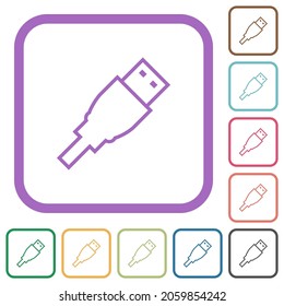 USB plug outline simple icons in color rounded square frames on white background