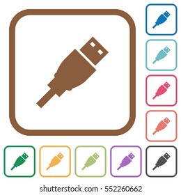 USB plug simple icons in color rounded square frames on white background