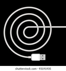 Usb Plug With Spiral White Cord On Black Background