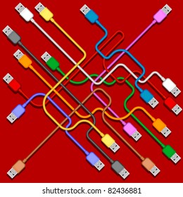 usb plugs with cords isolated on red background
