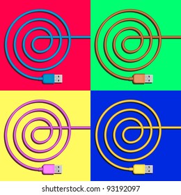 usb plugs with spiral color cords on various background