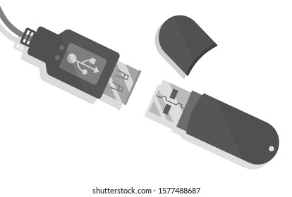 USB port, adapter, flash, pen drive, device, cable, connector, storage. USB flash drive with a sign of connection. Transfer, communication of information. Vector illustration isolated on white.