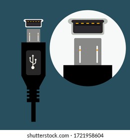 USB-Port-Design und Micro-USB mit flachem Stil. Illustration von USB- und Micro-USB-Ports.