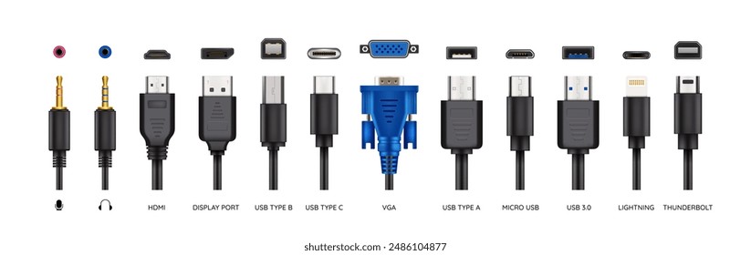 USB port. Hand drawn MI. Computer micro plug. Connection jack. Lightning charge mini. Ethernet icon. 3D phone socket. Mobile wire charger. Electronic hardware. Realistic connector types vector set