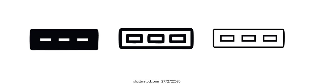 USB port icon set, universal serial bus connector symbol in three different styles