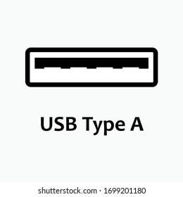 USB Port Icon with Type A Text. Connectors. Socket to Transfer Data Computer. 