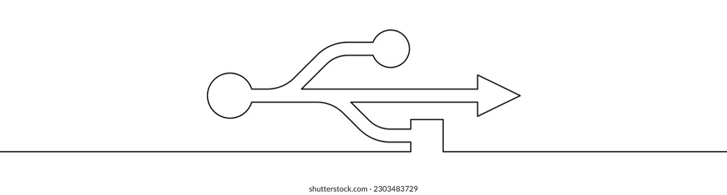 USB port line continuous drawing vector. One line USB port vector background. USB port icon. Continuous outline of USB port. USB`c ports linear design.