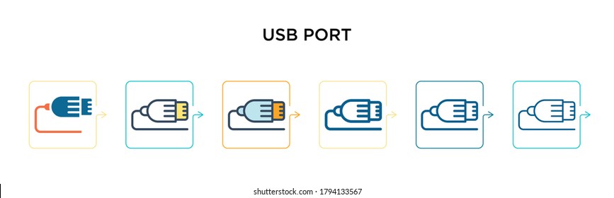 Usb port vector icon in 6 different modern styles. Black, two colored usb port icons designed in filled, outline, line and stroke style. Vector illustration can be used for web, mobile, ui