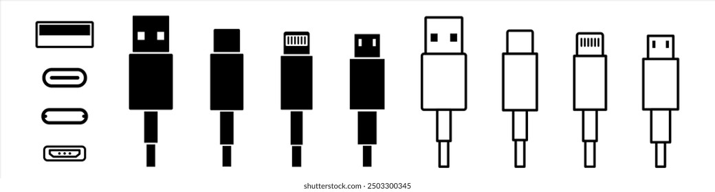 USB-Port-Vektor-Set. Geben Sie ein Zeichen ein. Blitzsymbol. Geben Sie das Symbol c ein. USB-Verbindung einzeln auf weißem Hintergrund.