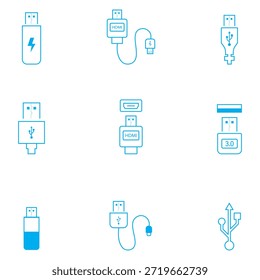 USB-Port-Vektor-Set. Geben Sie ein Zeichen ein. Blitzsymbol. Geben Sie das Symbol c ein. USB-Verbindung einzeln auf weißem Hintergrund.