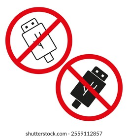 USB prohibition icon. No flash drive. Red circle symbol. Vector illustration.