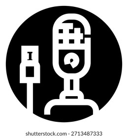 Icono de micrófono retro USB que comunica conceptos de podcasting, grabación de audio, transmisión y transmisión, que representa la comunicación, el sonido y los medios digitales en un diseño minimalista moderno