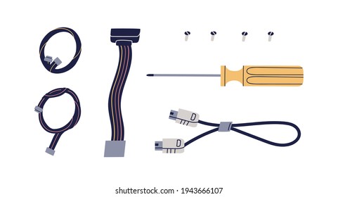 USB and ribbon cables, wires, screwdriver and bolts isolated on white background. Set of different components for mobile phone or computer. PC spare parts. Colored flat vector illustration