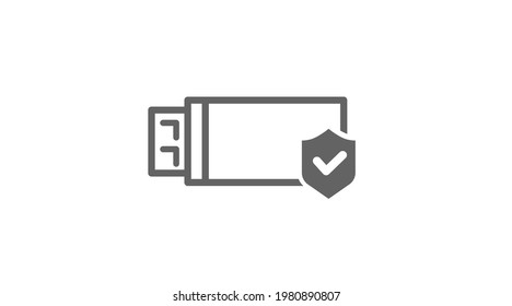 USB Safety Icon. Vector isolated flat illustration of an USB device with a security shield