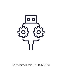 ícone da linha de cabo de serviço usb com engrenagens