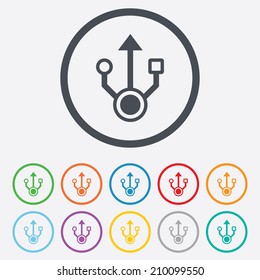 Usb sign icon. Usb flash drive symbol. Round circle buttons with frame. Vector