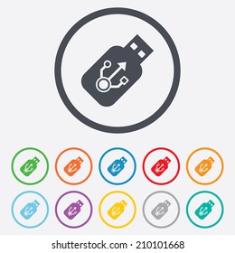 Usb sign icon. Usb flash drive stick symbol. Round circle buttons with frame. Vector