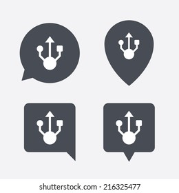 Usb sign icon. Usb flash drive symbol. Map pointers information buttons. Speech bubbles with icons. Vector