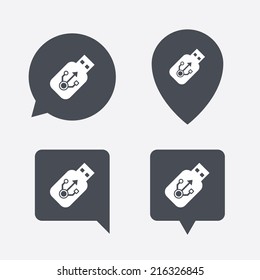 Usb sign icon. Usb flash drive stick symbol. Map pointers information buttons. Speech bubbles with icons. Vector