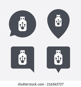 Usb sign icon. Usb flash drive stick symbol. Map pointers information buttons. Speech bubbles with icons. Vector