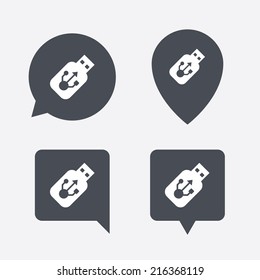 Usb sign icon. Usb flash drive stick symbol. Map pointers information buttons. Speech bubbles with icons. Vector