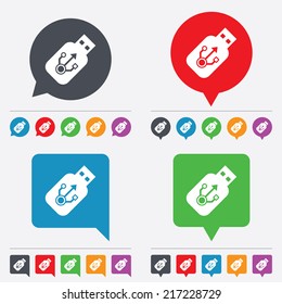 Usb sign icon. Usb flash drive stick symbol. Speech bubbles information icons. 24 colored buttons. Vector
