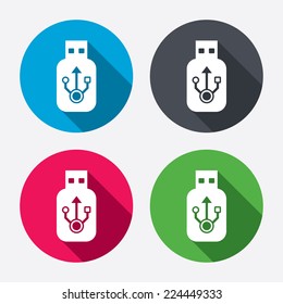 Usb sign icon. Usb flash drive stick symbol. Circle buttons with long shadow. 4 icons set. Vector