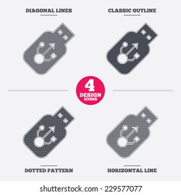 Usb sign icon. Usb flash drive stick symbol. Diagonal and horizontal lines, classic outline, dotted texture. Pattern design icons.  Vector
