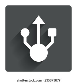 Usb sign icon. Usb flash drive symbol. Gray flat square button with shadow. Modern UI website navigation. Vector