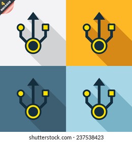 Usb sign icon. Usb flash drive symbol. Four squares. Colored Flat design buttons. Vector