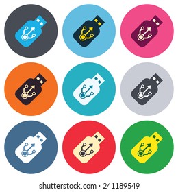 Usb sign icon. Usb flash drive stick symbol. Colored round buttons. Flat design circle icons set. Vector