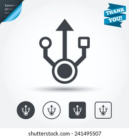 Usb sign icon. Usb flash drive symbol. Circle and square buttons. Flat design set. Thank you ribbon. Vector