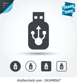 Usb sign icon. Usb flash drive stick symbol. Circle and square buttons. Flat design set. Thank you ribbon. Vector