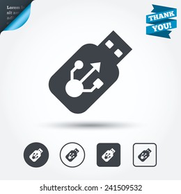Usb sign icon. Usb flash drive stick symbol. Circle and square buttons. Flat design set. Thank you ribbon. Vector